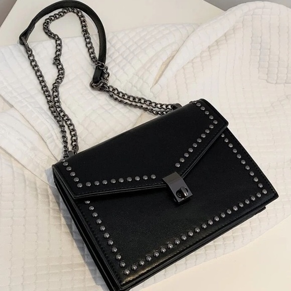 Handbags - Studded Black Leather Crossbody Bag - Women's Shoulder Purse